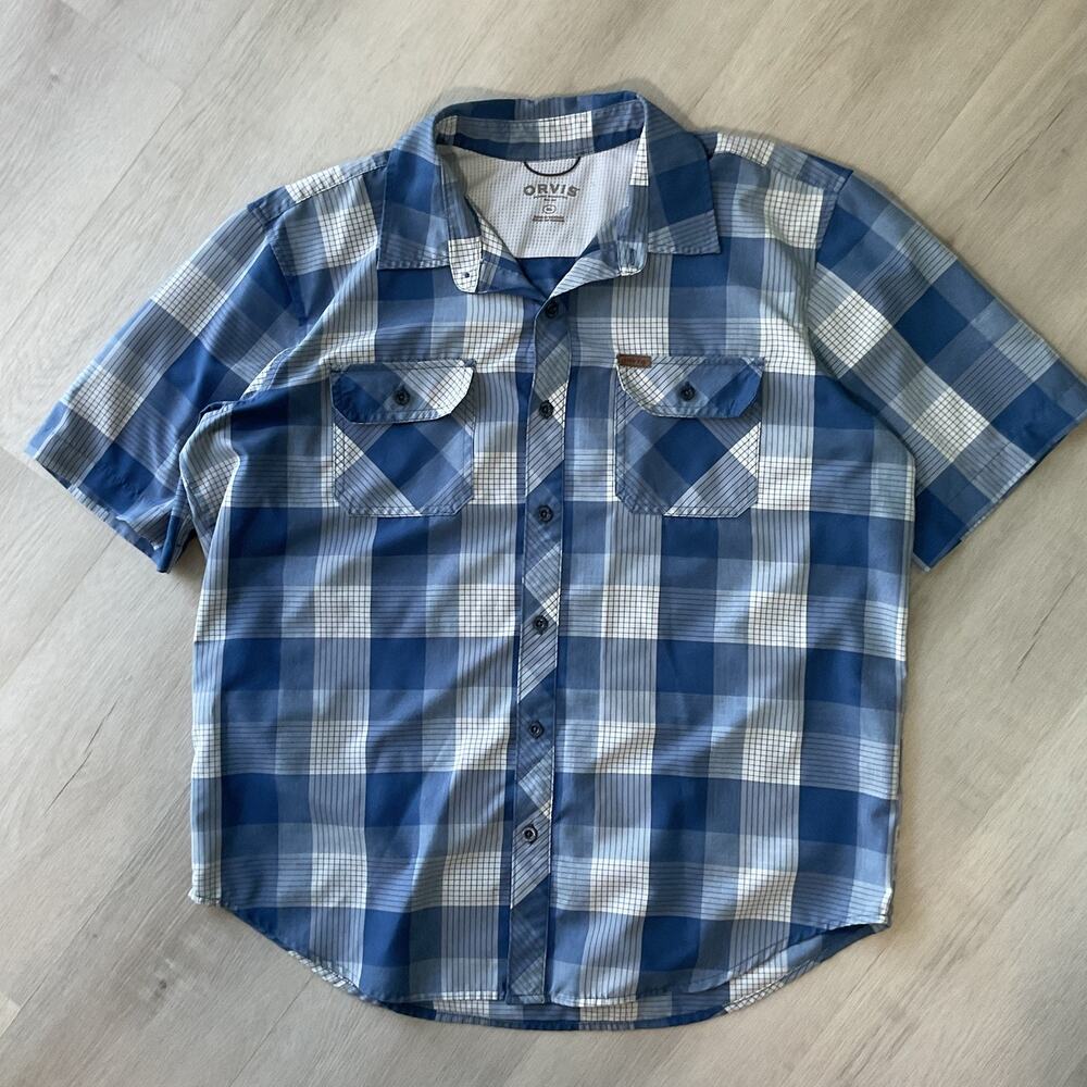 Orvis Plaid Collard Short Sleeve Blue Button Up Gorpcore Mens XL